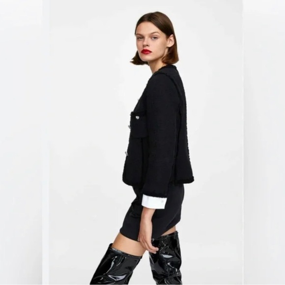 Zara Jackets & Blazers - ZARA Black Tweed Frayed Blazer with Gem Buttons Size Large